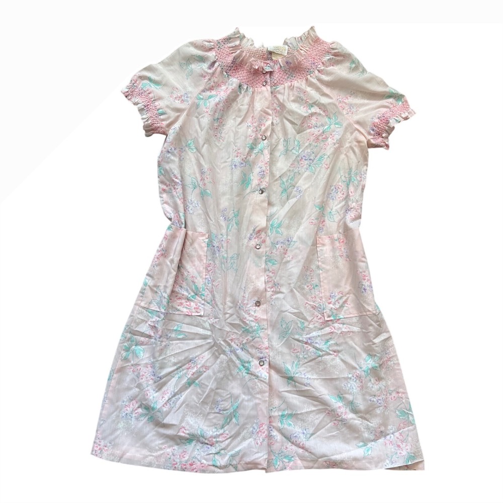 VTG powder pink floral night gown pajama button down slip house dress 1X
